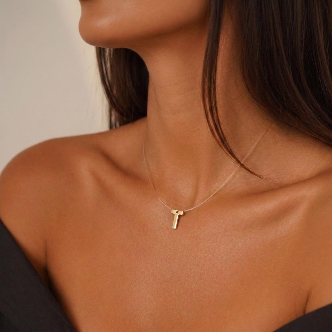 CORRENTE FIO DE SILICONE COM PINGENTE  INICIAL T SIMPLES  - BANHADO A OURO 18K